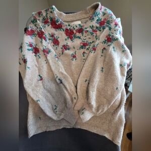 LC Lauren Conrad Beige Sweater with Red and Green Floral Design